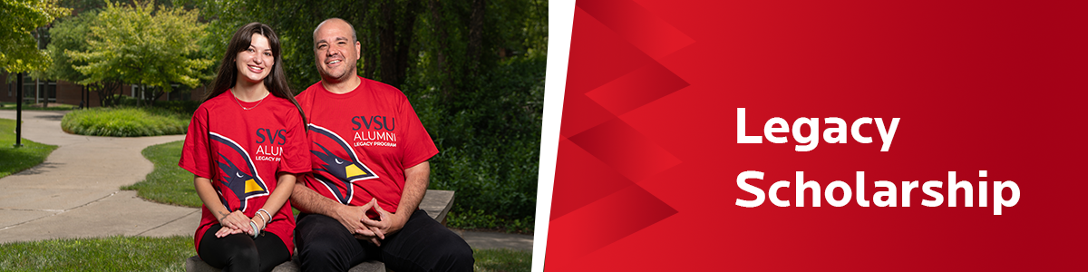 legacy scholarship with photo of dad and daughter in SVSU shirts smiling on campus